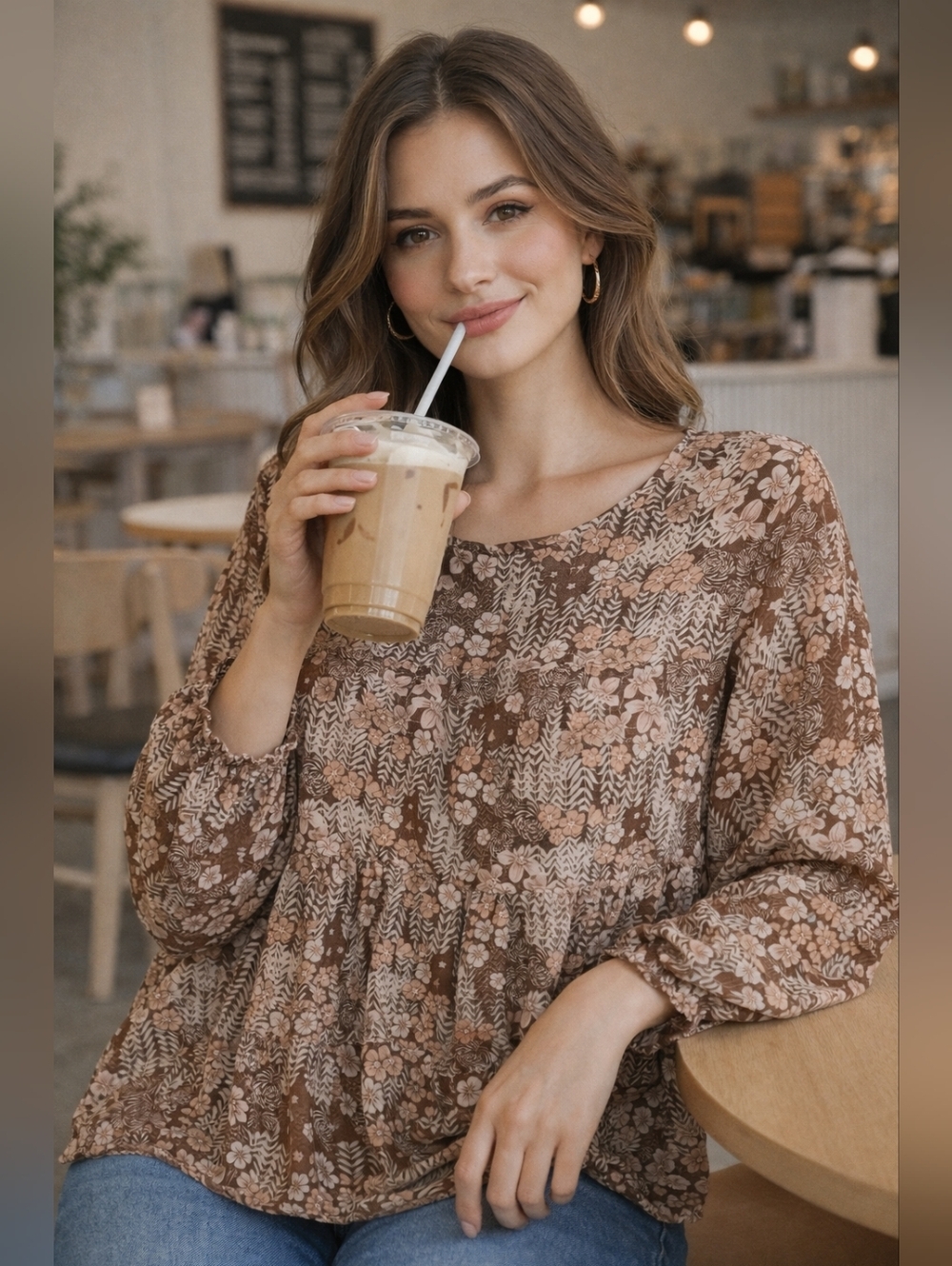 Boho Floral Blouse XL Neutral Chic Work to Weekend Top